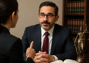 Advogado com terno escuro conversa com cliente diante de livros jurídicos e estátua da justiça