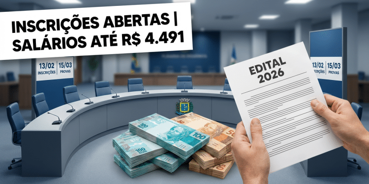 Duas mãos seguram edital 2026 diante de mesa redonda da câmara com pilhas de dinheiro