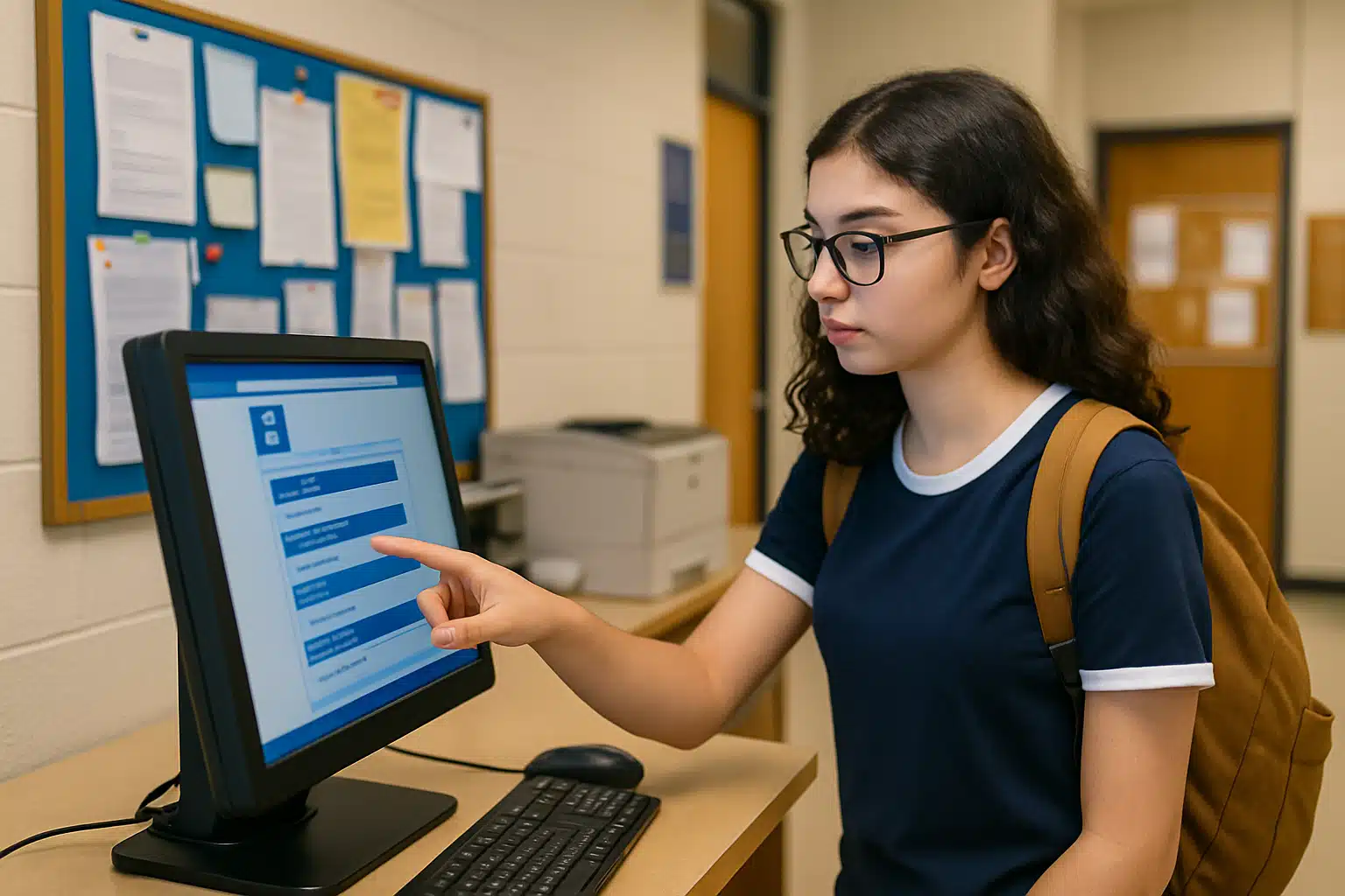 Estudante acessando sistema online em computador de mesa, digitando na tela