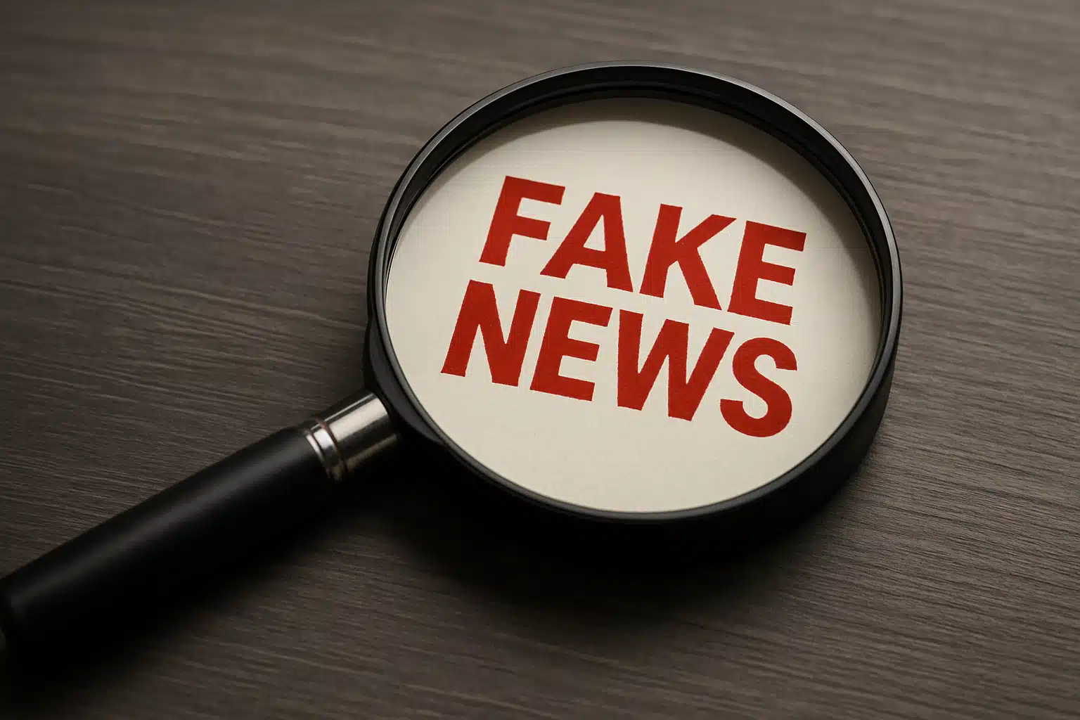 Lupa ampliando as palavras 'FAKE NEWS' em vermelho.