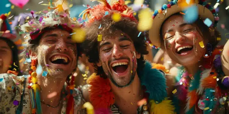 Foliões comemoram o Carnaval nas ruas do Rio com confetes, fantasias coloridas e clima de festa.