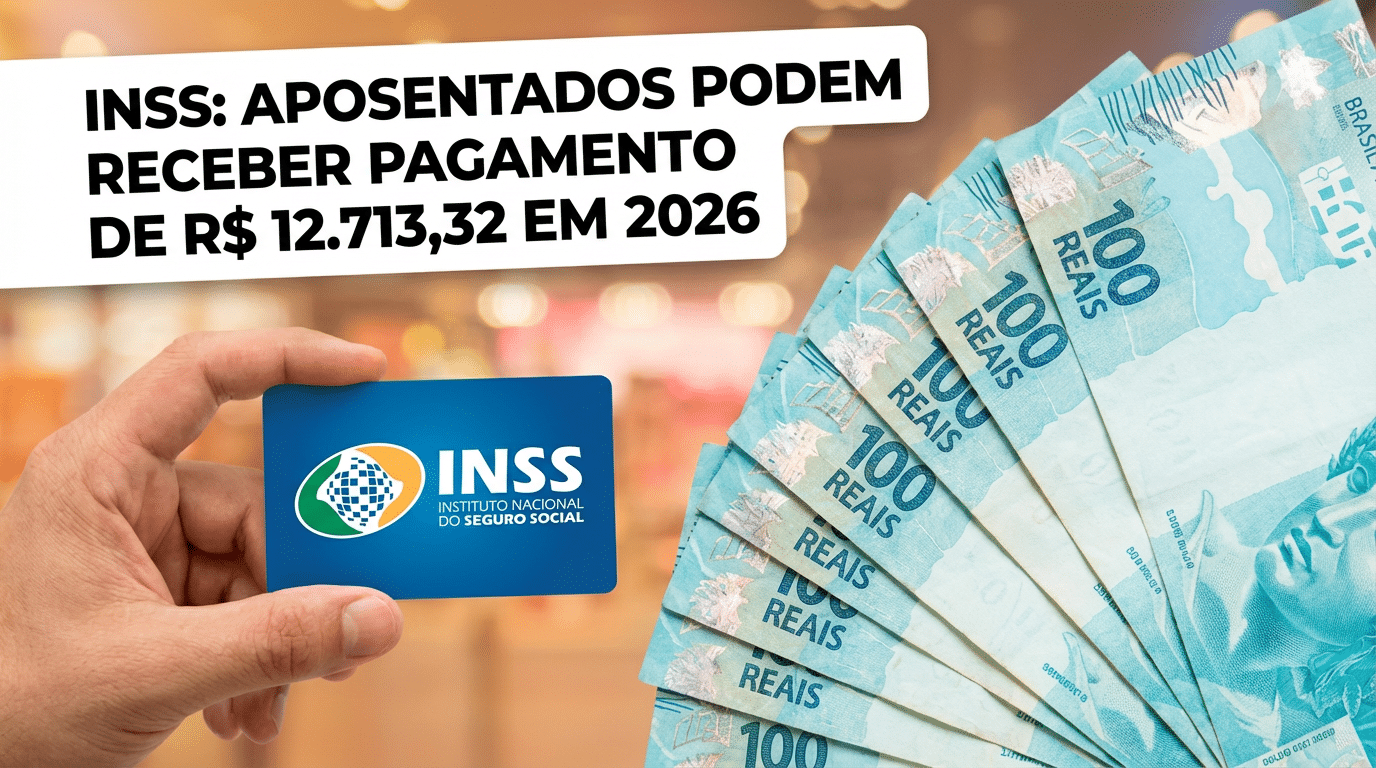 Mão segura cartão do INSS ao lado de várias notas de 100 reais em leque.