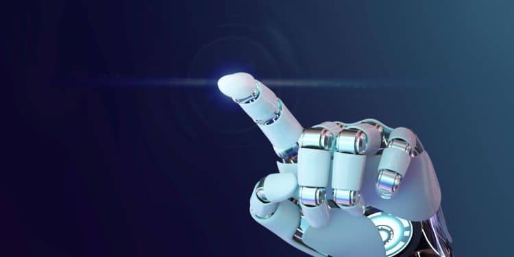 Uma mão robótica branca e articulada apontando o dedo indicador para cima, com uma luz azul brilhante na ponta do dedo contra um fundo azul escuro.