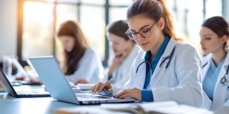 Estudantes de medicina analisando materiais de estudo em sala de aula com notebooks e jalecos.