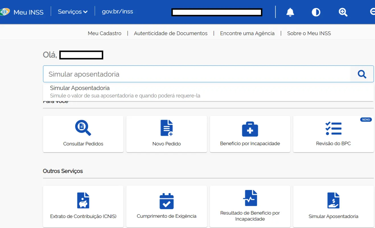 Tela do simulador de aposentadoria no portal Meu INSS, mostrando a interface para simular valores e consultar requisitos para aposentadoria.
