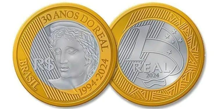 Representação das duas faces da moeda de 1 Real comemorativa dos 30 anos do Plano Real (1994-2024), exibindo o busto da República no anverso e o valor "1 REAL" no reverso.