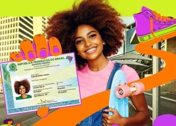 Jovem com a nova Carteira de Identidade Nacional em arte colorida do governo federal