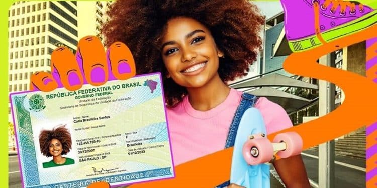 Jovem com a nova Carteira de Identidade Nacional em arte colorida do governo federal