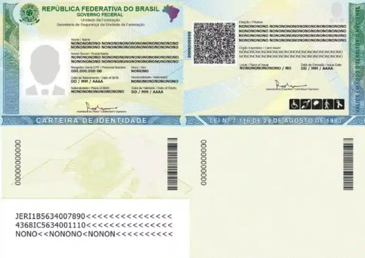 Documento da Nova Carteira de Identidade Nacional com campos e QR code visíveis.