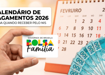 Mão segurando cartão Bolsa Família diante de calendário fevereiro 2026 e notas de R$ 100