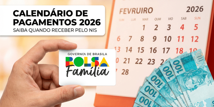 Mão segurando cartão Bolsa Família diante de calendário fevereiro 2026 e notas de R$ 100