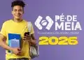 Aluno do ensino médio com mochila e cadernos ao lado da identidade visual do programa Pé-de-Meia 2026.
