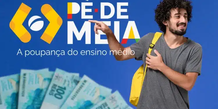 Estudante com mochila amarela aponta para o logotipo do programa Pé-de-Meia e cédulas de cem reais, representando os pagamentos previstos para 2026.