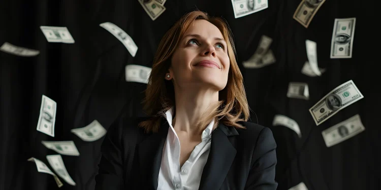 Mulher executiva sorrindo enquanto notas de dólar caem ao redor, simbolizando carreiras de alta remuneração.