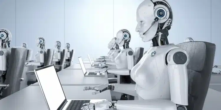 Robôs trabalhando em um escritório com laptops, representando a automação e a inteligência artificial substituindo várias profissões até 2030.