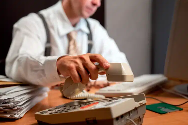 Homem de camisa social atendendo telefone antigo próximo a pilha de documentos em escritório