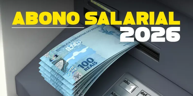 Imagem do abono salarial de 2026, mostrando cédulas de 100 reais sendo retiradas de um caixa eletrônico.