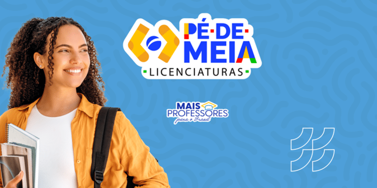 Estudante universitária sorrindo com livros e logo do Pé-de-Meia Licenciaturas