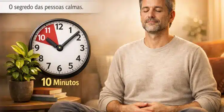 omem sentado com olhos fechados meditando ao lado de relógio marcando 10 minutos
