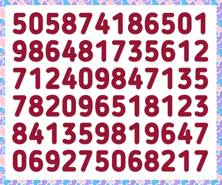 Teste de QI com números aleatórios organizados em linhas com destaque para 123 entre eles