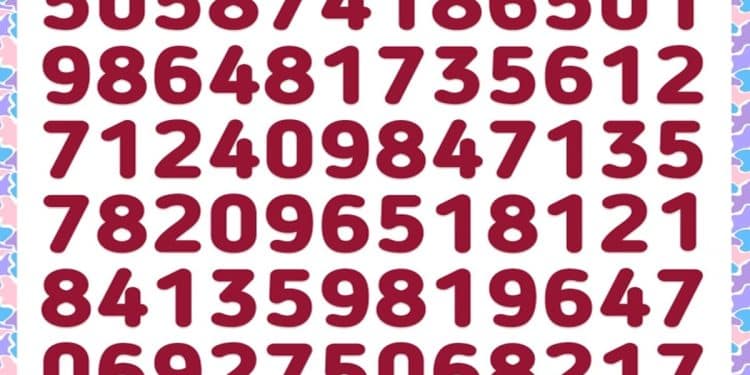 Teste de QI com números aleatórios organizados em linhas com destaque para 123 entre eles