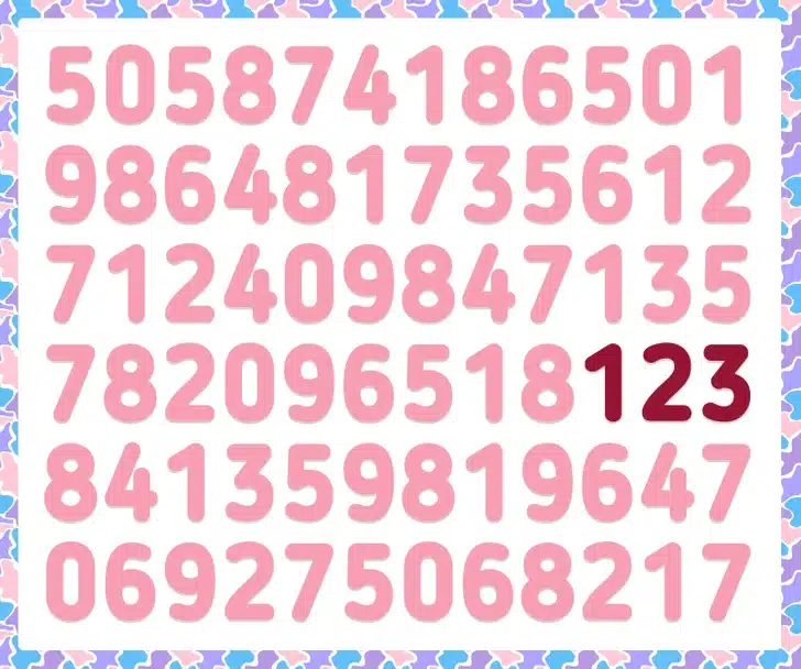 Teste de QI com números aleatórios organizados em linhas com destaque para 123 entre eles