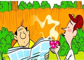 Teste de percepção com um casal tomando café ao ar livre, homem lendo jornal, mulher segurando xícara, fundo com plantas