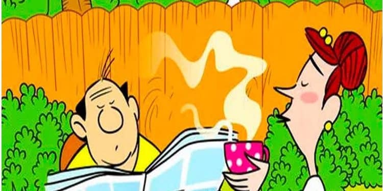 Teste de percepção com um casal tomando café ao ar livre, homem lendo jornal, mulher segurando xícara, fundo com plantas