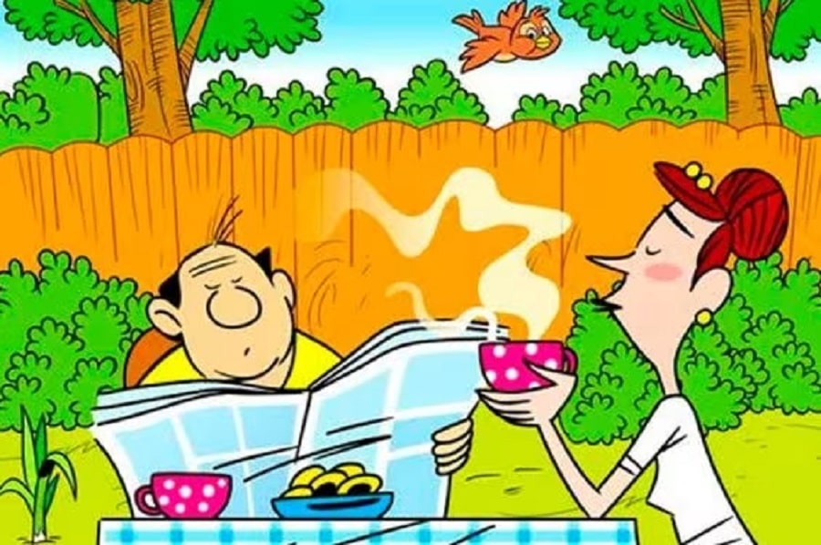 Teste de percepção com um casal tomando café ao ar livre, homem lendo jornal, mulher segurando xícara, fundo com plantas