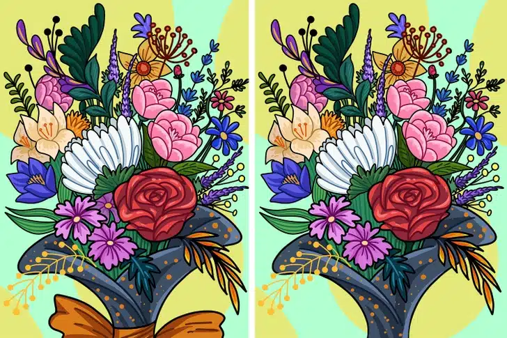 Teste visual: Vaso com buquê de flores diversas e folhas verdes, com laço laranja brilhante.