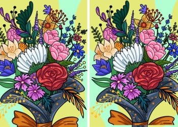 Teste visual: Vaso com buquê de flores diversas e folhas verdes, com laço laranja brilhante.