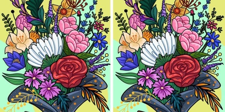 Teste visual: Vaso com buquê de flores diversas e folhas verdes, com laço laranja brilhante.