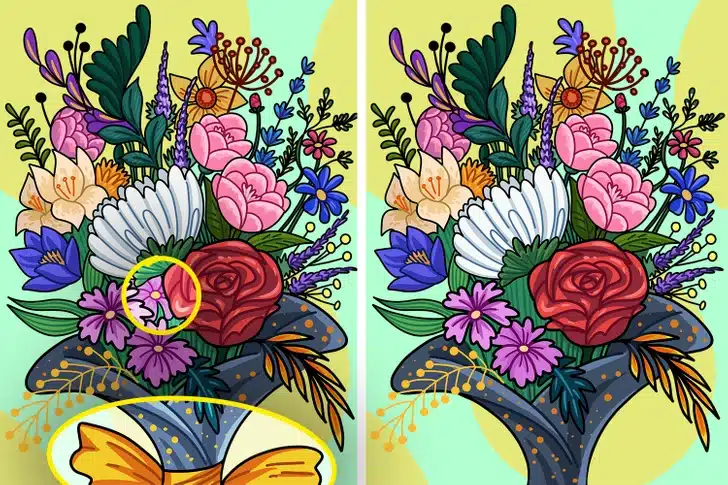 Teste visual: Vaso com buquê de flores diversas e folhas verdes, com laço laranja brilhante.