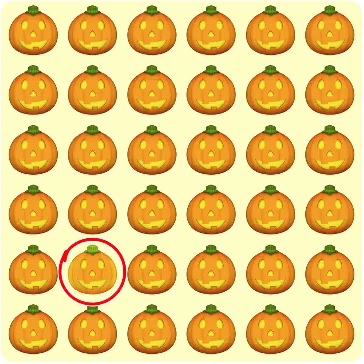 Teste visual com diversas abóboras lado a lado em padrão, com uma diferente entre elas