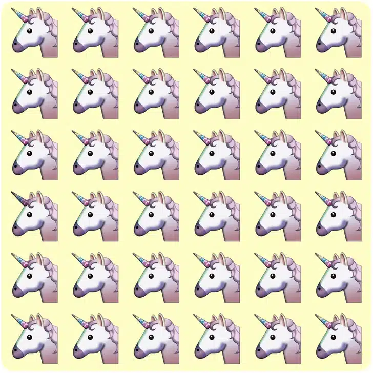 Teste visual com múltiplos emojis de unicórnio em fileiras sobre fundo amarelo