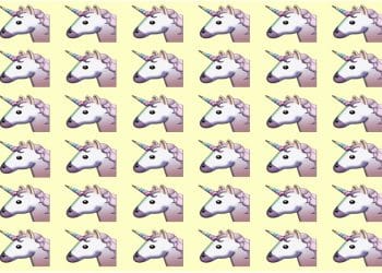 Teste visual com múltiplos emojis de unicórnio em fileiras sobre fundo amarelo