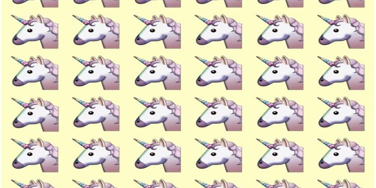 Teste visual com múltiplos emojis de unicórnio em fileiras sobre fundo amarelo