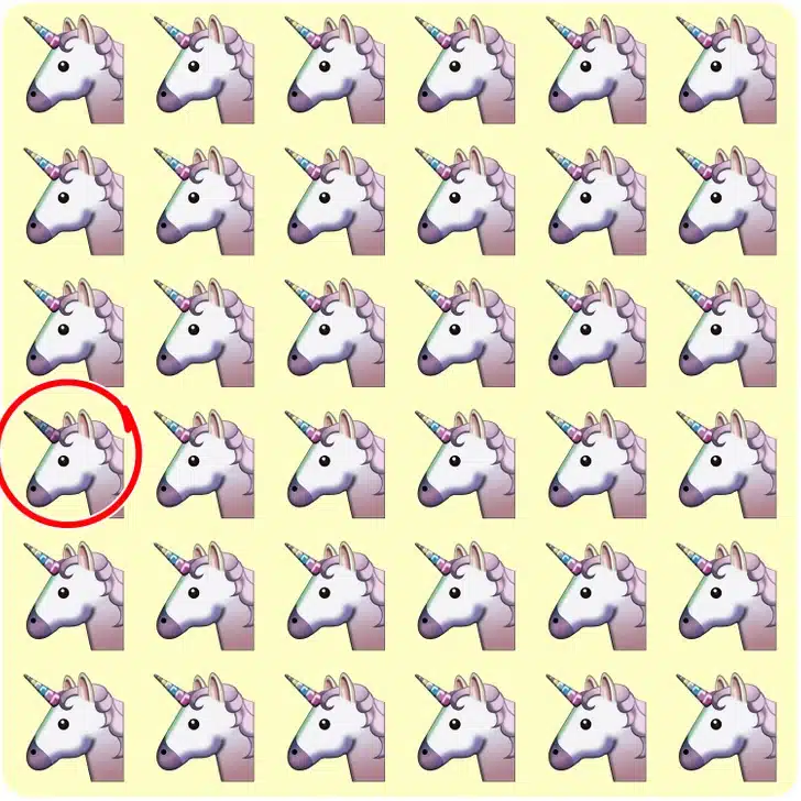 Teste visual com múltiplos emojis de unicórnio em fileiras sobre fundo amarelo