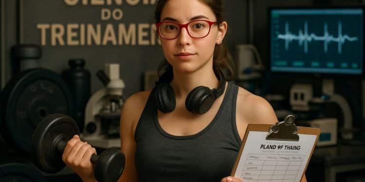 Mulher com óculos vermelhos segura halter e prancheta em laboratório de ciências do treinamento
