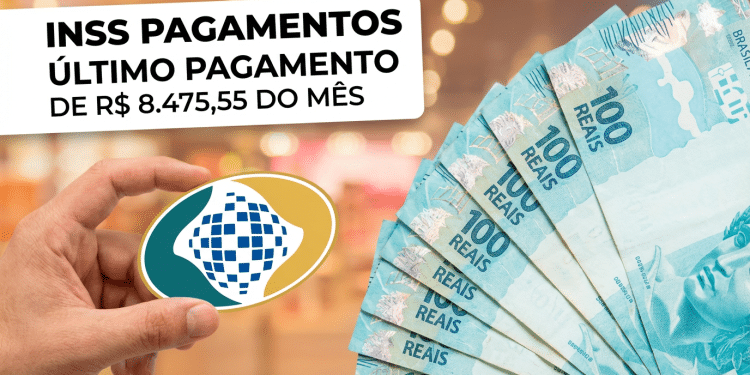 Mão exibe cartão do INSS ao lado de leque de notas de cem reais sobre fundo desfocado refletindo o último pagamento do teto do INSS de janeiro.