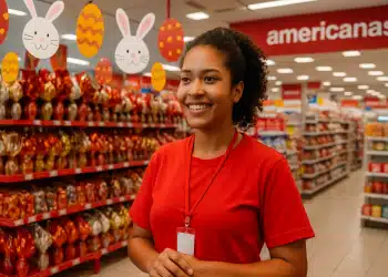 Funcionária sorridente em loja decorada para a Páscoa