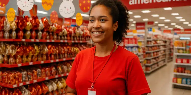 Funcionária sorridente em loja decorada para a Páscoa