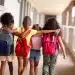 Grupo de crianças caminhando de mãos dadas em corredor escolar, com mochilas, simbolizando a volta às aulas em 2026.