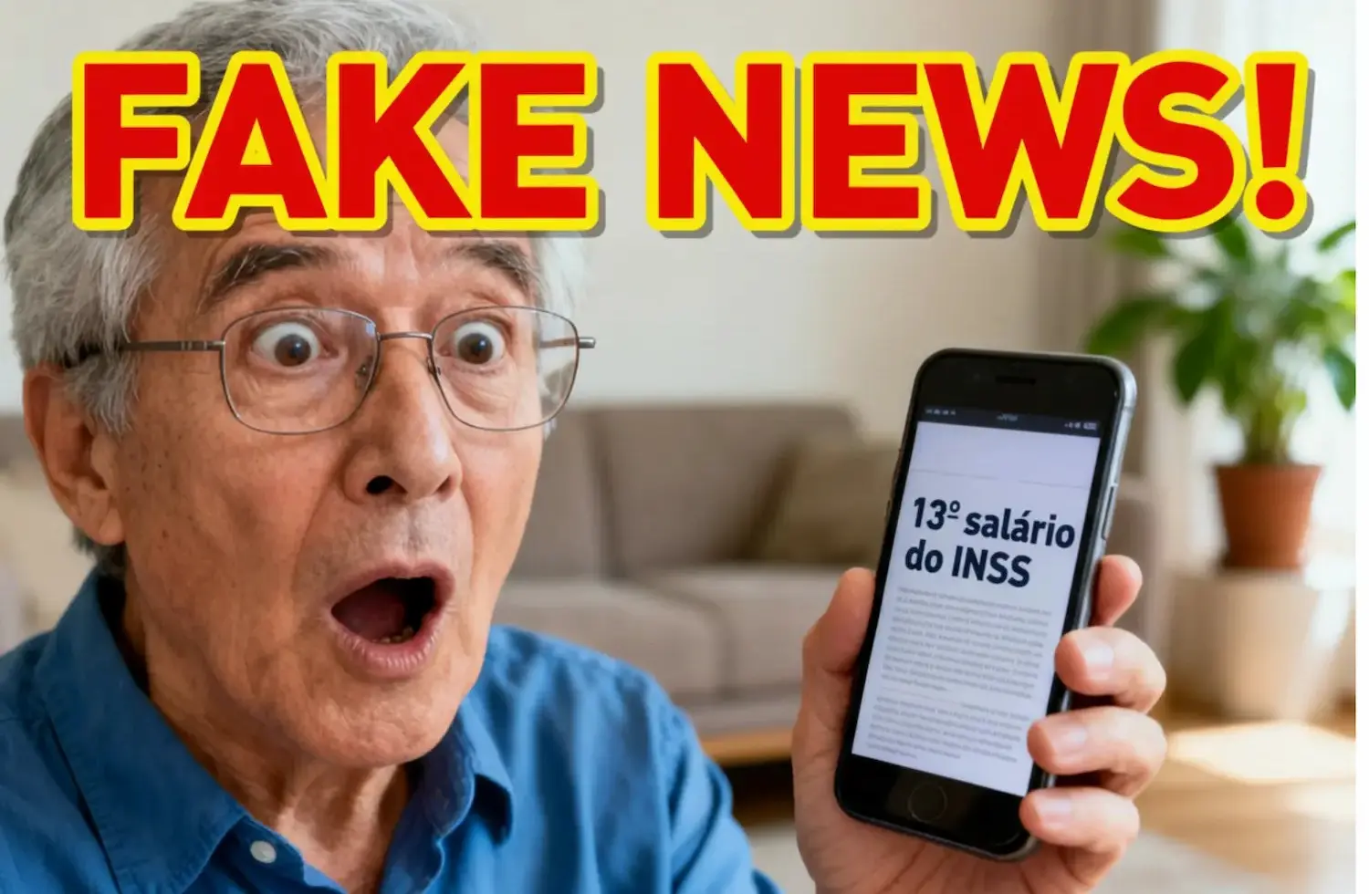 Idoso assustado olhando o celular com notícia falsa sobre o décimo terceiro do INSS e aviso de fake news.