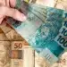 Dinheiro em notas de 100 e 50 reais nas mãos de uma pessoa, representando o pagamento ou antecipação do 13º salário do INSS.