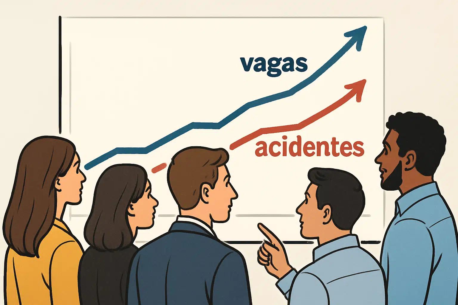 Pessoas observam gráfico com aumento de vagas e acidentes.