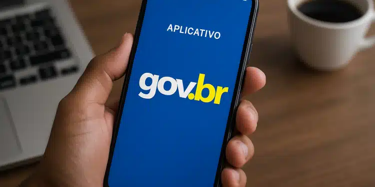 Pessoa segurando um celular com a tela do aplicativo gov.br aberta.