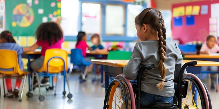 Criança com deficiência em cadeira de rodas participando de atividade em sala de aula inclusiva com outros estudantes.