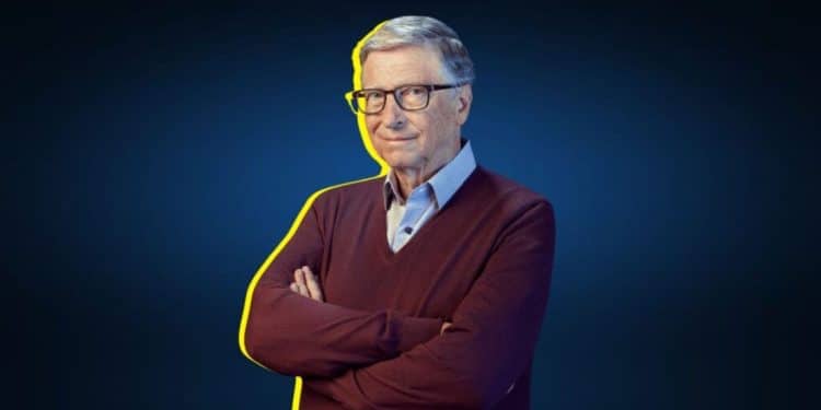 Bill Gates em frente a um fundo escuro, refletindo sobre as profissões do futuro em um mundo com inteligência artificial.