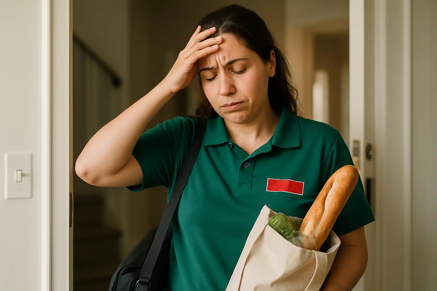 Mulher com expressão cansada segurando a cabeça e uma sacola de compras.